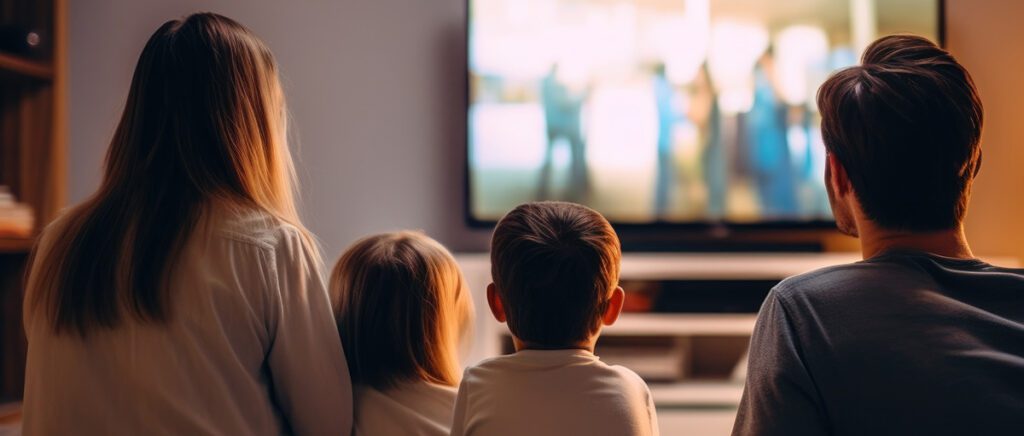 A family sitting on sofa in living room and watching television, back view angle.