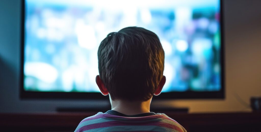 A young boy engrossed in watching TV, the screen illuminating his face in a dark room.